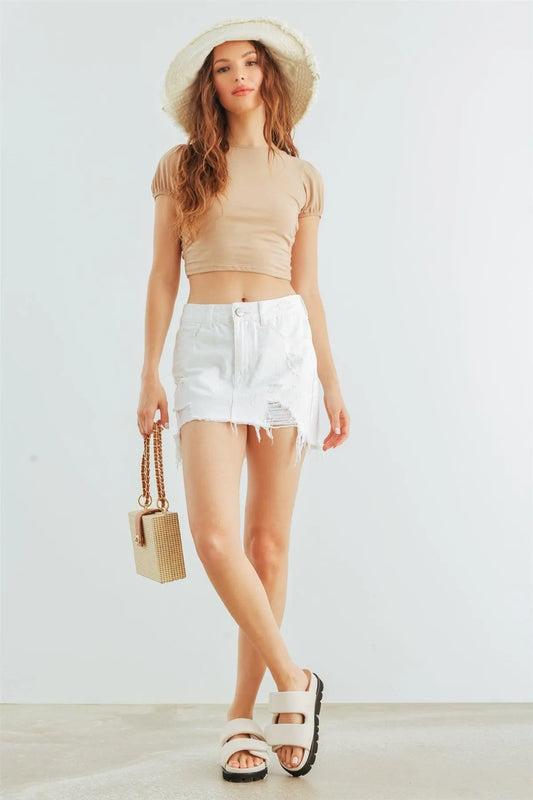 Taupe Cotton Puff Short Sleeve Open Back Crop Top /2-2-1 - Tasha Apparel Wholesale