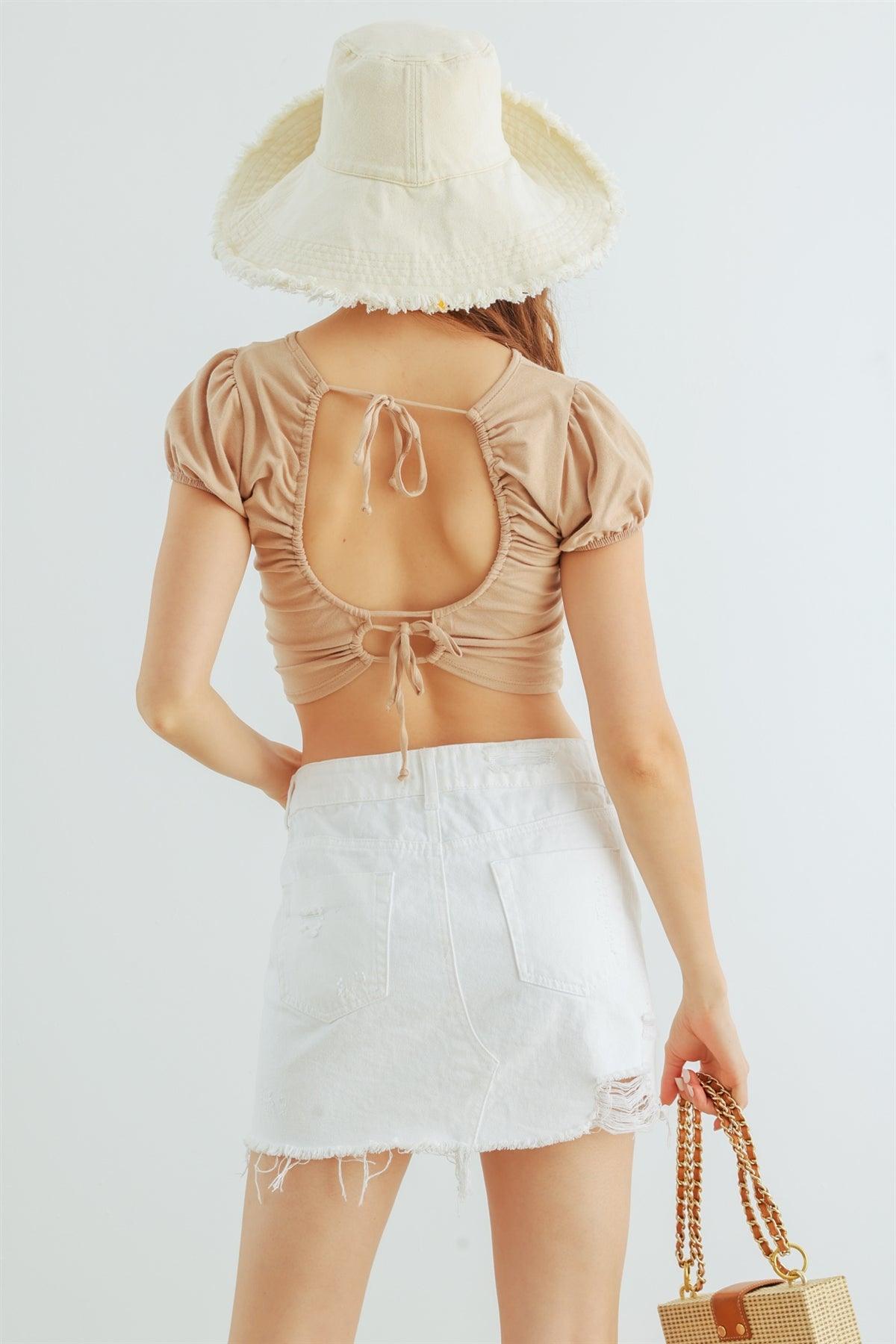 Taupe Cotton Puff Short Sleeve Open Back Crop Top /2-2-1