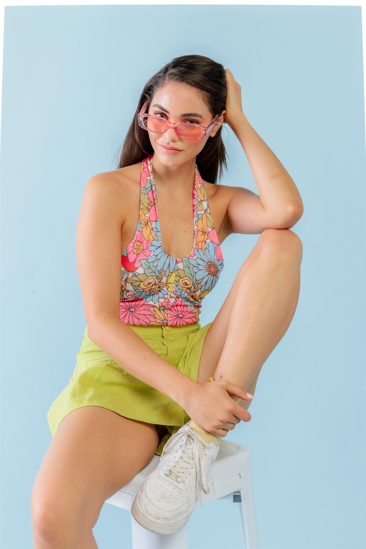 Multicolor Floral Print Sleeveless U-Neck Self-Tie Strap Bodysuit /3-2-1