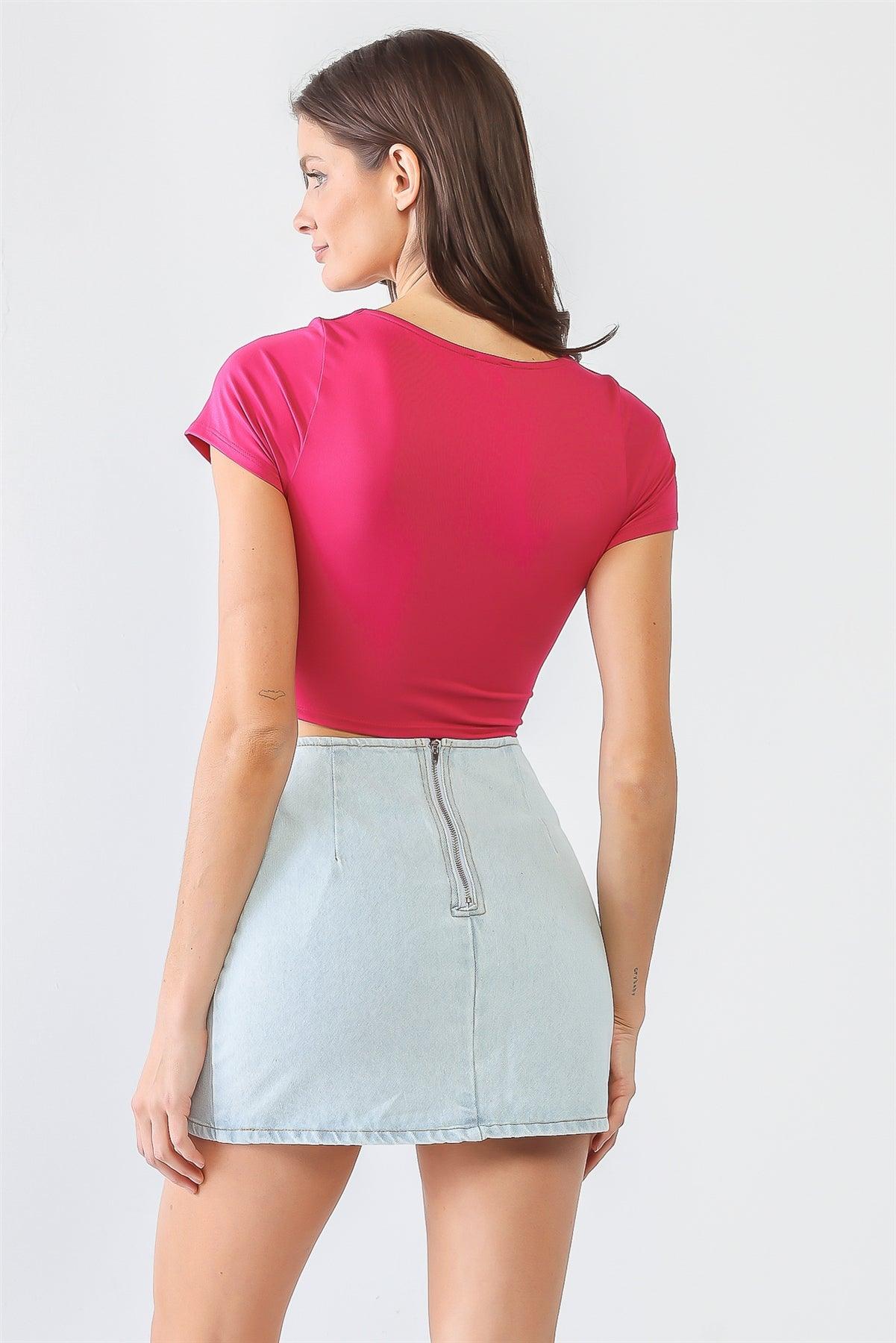Fuchsia Ruched Short Sleeve Square Neck Crop Top /3-2-1