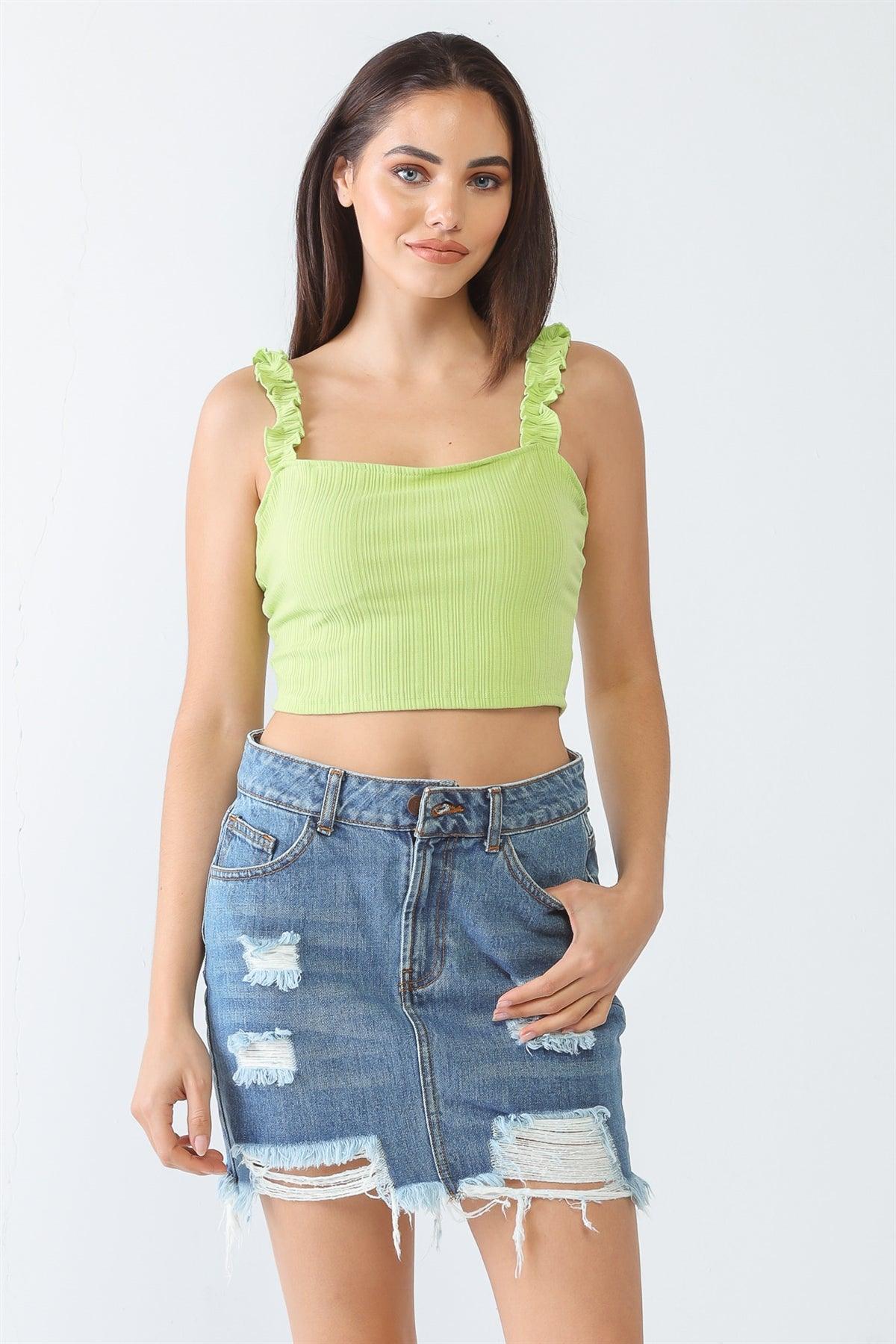 Lime Ribbed Sleeveless Ruffle Strap Crop Top /3-2-1