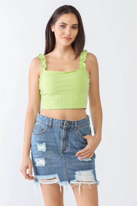 Lime Ribbed Sleeveless Ruffle Strap Crop Top /3-2-1 - Tasha Apparel Wholesale