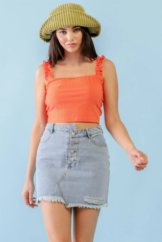 Orange Ribbed Sleeveless Ruffle Strap Crop Top /3-2-1 - Tasha Apparel Wholesale