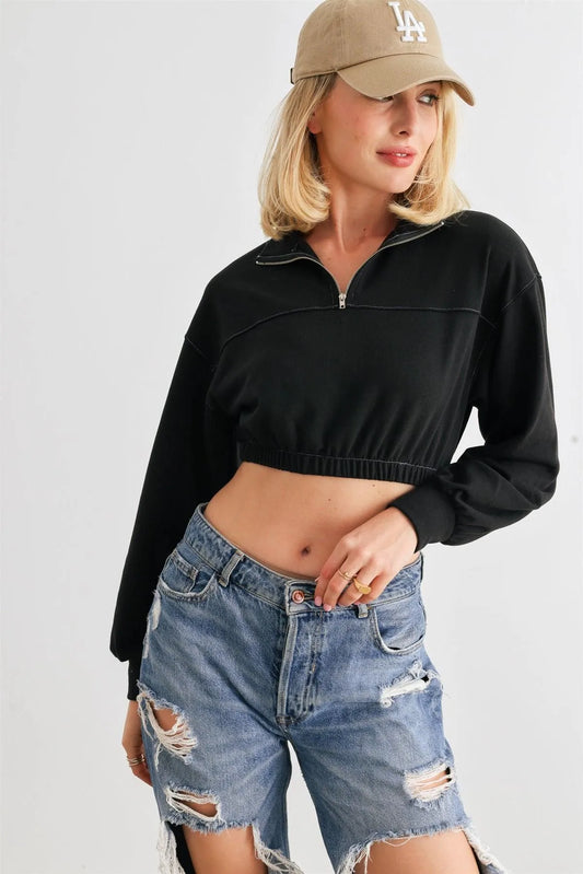 Black Zip-Up Mock Neck Long Sleeve Elastic Hem Crop Top /1-2-2-1 - Tasha Apparel Wholesale