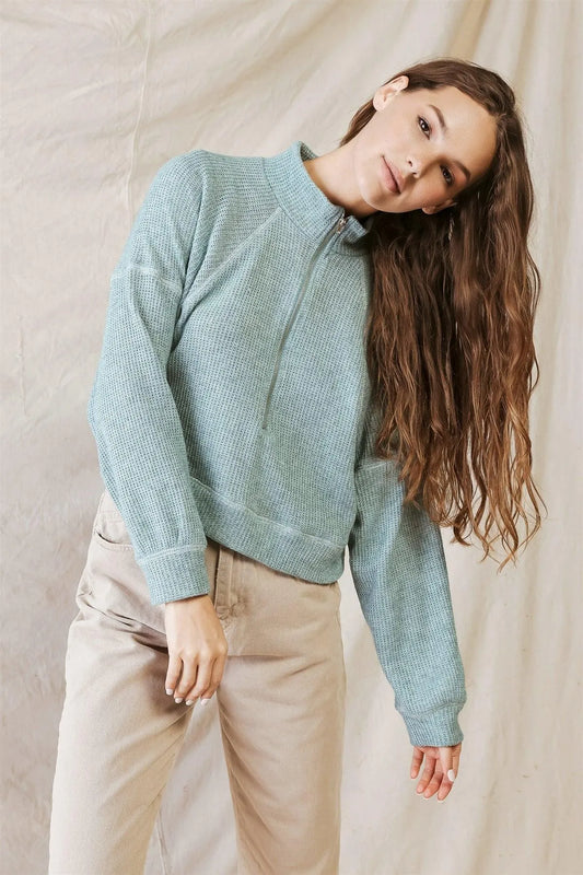Teal Waffle Knit Front Zip-Up Long Sleeve Sweater /1-2-2-1 - Tasha Apparel Wholesale