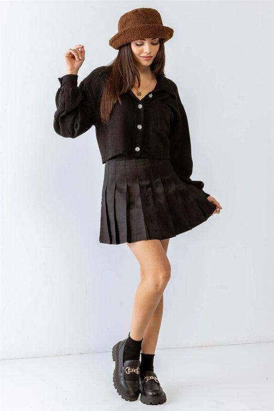 Black Ribbed Button-Up One Pocket Collared Neck Long Sleeve Crop Top /2-2-1 - Tasha Apparel Wholesale