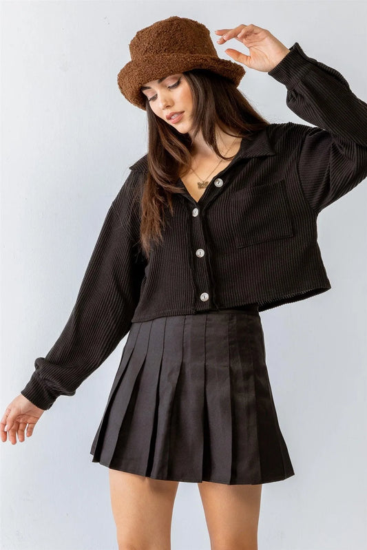 Black Ribbed Button-Up One Pocket Collared Neck Long Sleeve Crop Top /1-2-2-1 - Tasha Apparel Wholesale