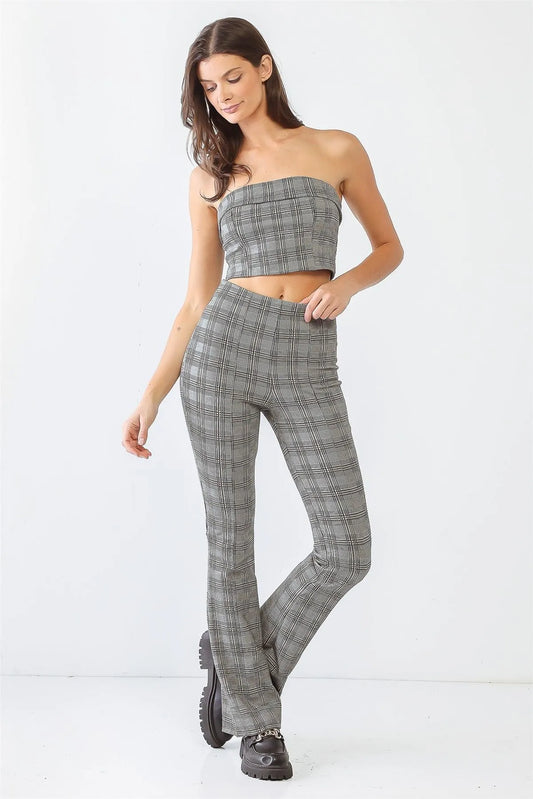 White & Black Plaid Strapless Collared Edge Crop Top & High Waist Pants Set /1-2-2-1 - Tasha Apparel Wholesale