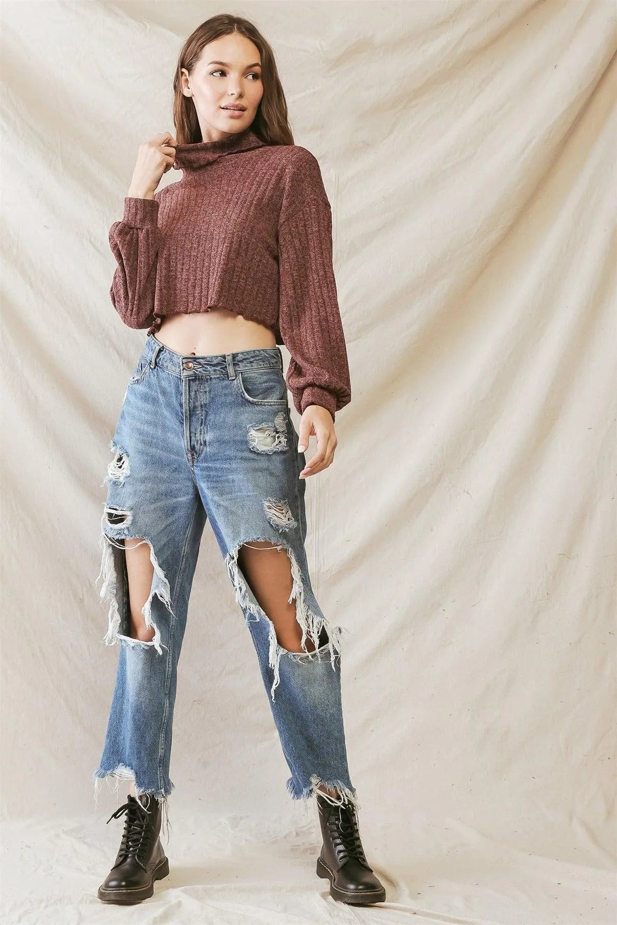 Red Brown Knit Ribbed Stitch Detail Turtle Neck Top /1-2-2-1 - Tasha Apparel Wholesale