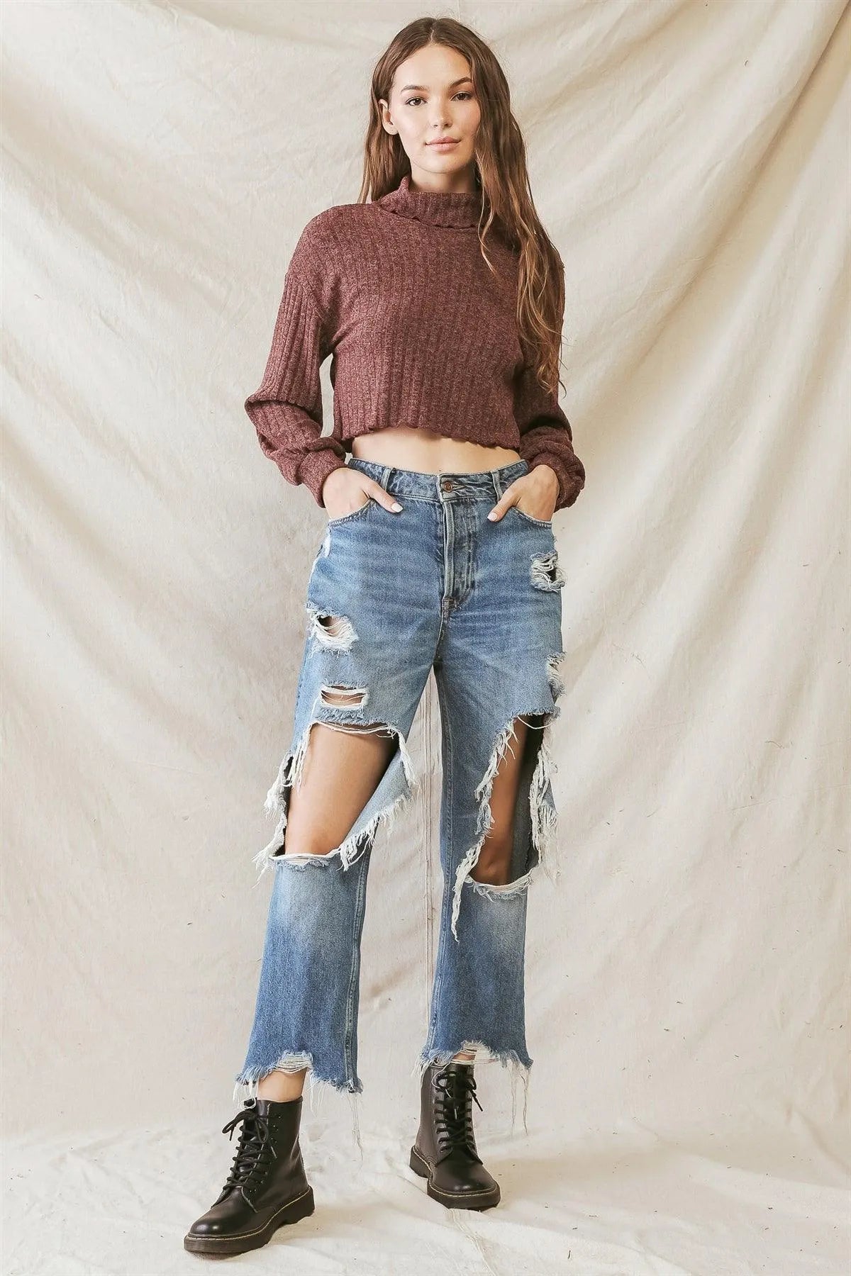 Red Brown Knit Ribbed Stitch Detail Turtle Neck Top /1-2-2-1 - Tasha Apparel Wholesale