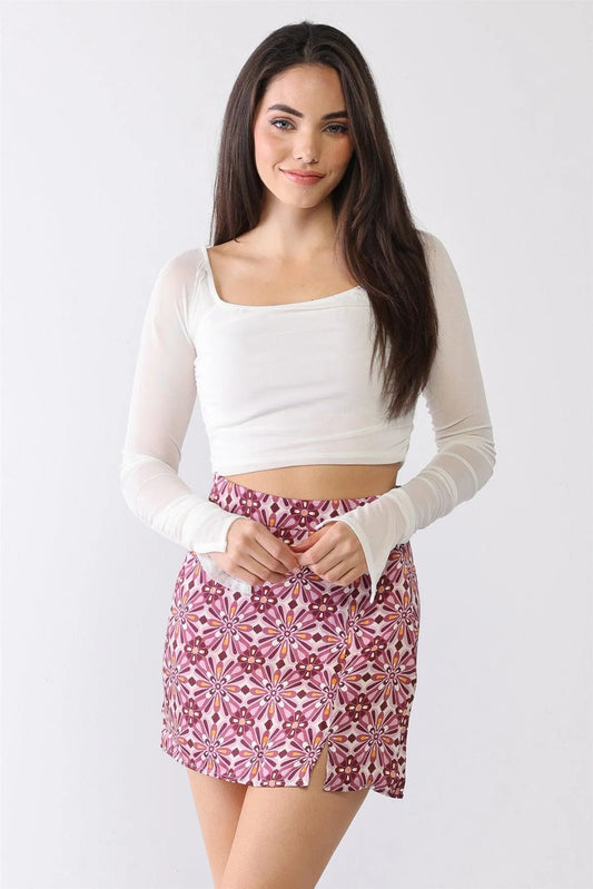 Ivory Mesh Ruched Square Neck Long Sleeve Crop Top /3-2 - Tasha Apparel Wholesale
