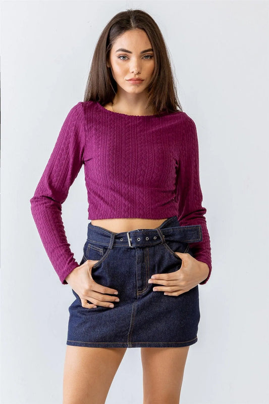 Magenta Cable Print Long Sleeve Crop Top /1-2-2 - Tasha Apparel Wholesale