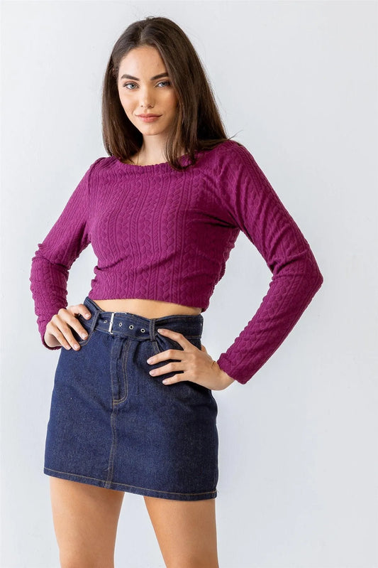 Magenta Cable Print Long Sleeve Crop Top /1-2-2-1 - Tasha Apparel Wholesale