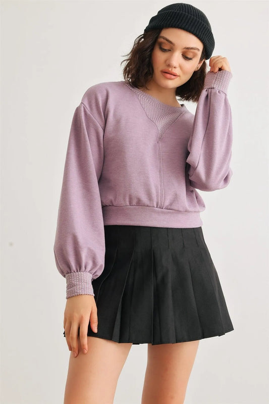 Lavender Long Sleeve Crew Neck Crop Pullover Top /1-1-2-1 - Tasha Apparel Wholesale