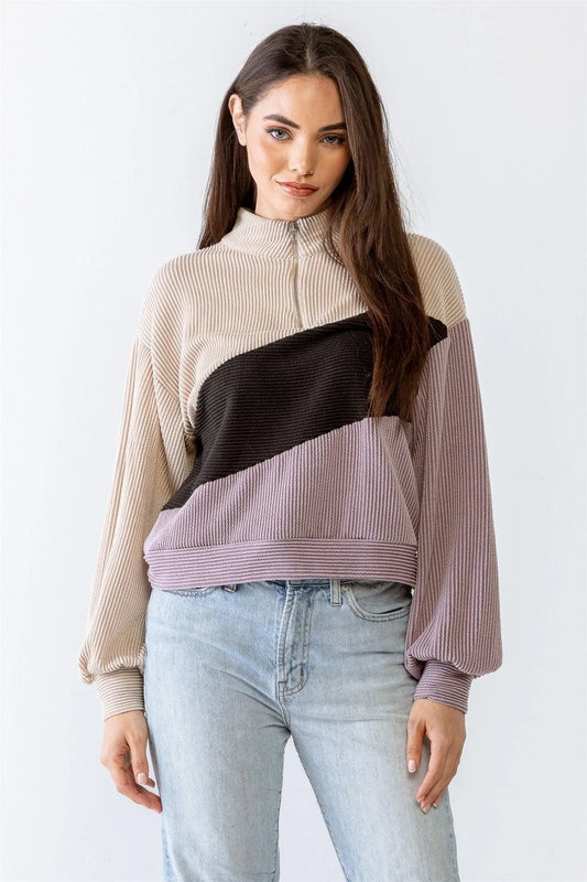 Taupe & Lavender & Black Colorblock Ribbed Zip-Up Mock Neck Top /1-2-2-1 - Tasha Apparel Wholesale