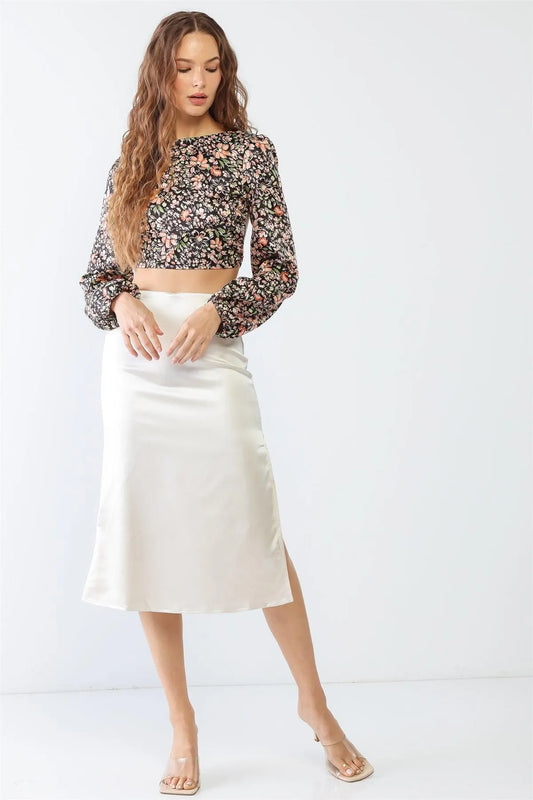 Black & Peach Floral Print Long Sleeve Criss-Cross Open Back Crop Top /1-2-2 - Tasha Apparel Wholesale