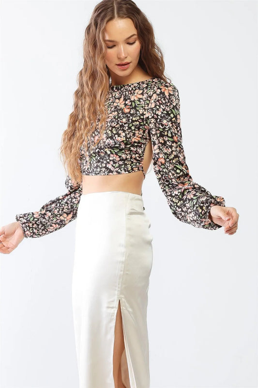 Black & Peach Floral Print Long Sleeve Criss-Cross Open Back Crop Top /1-2-2-1 - Tasha Apparel Wholesale