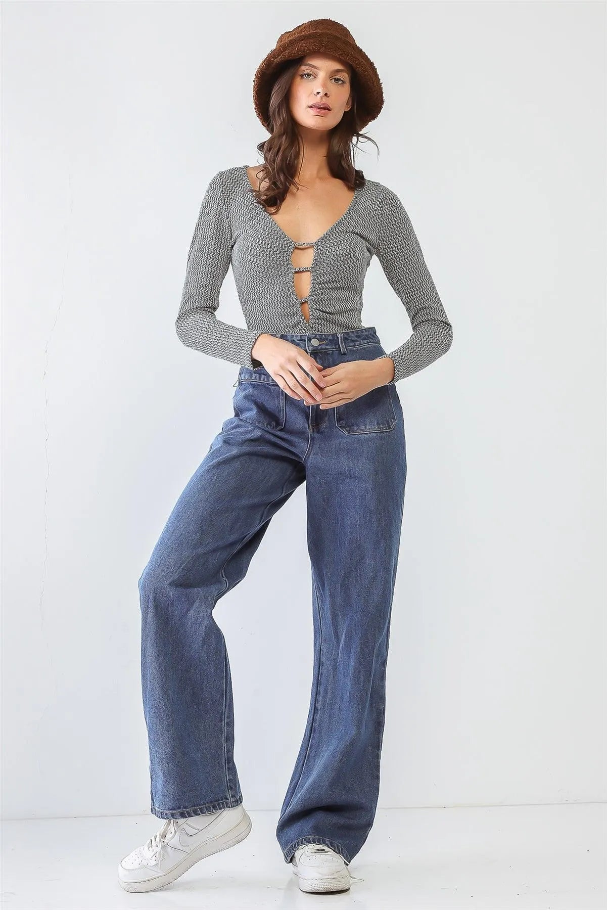 White & Heather Green Cut-Out Detail Long Sleeve Bodysuit /1-1-3-1 - Tasha Apparel Wholesale