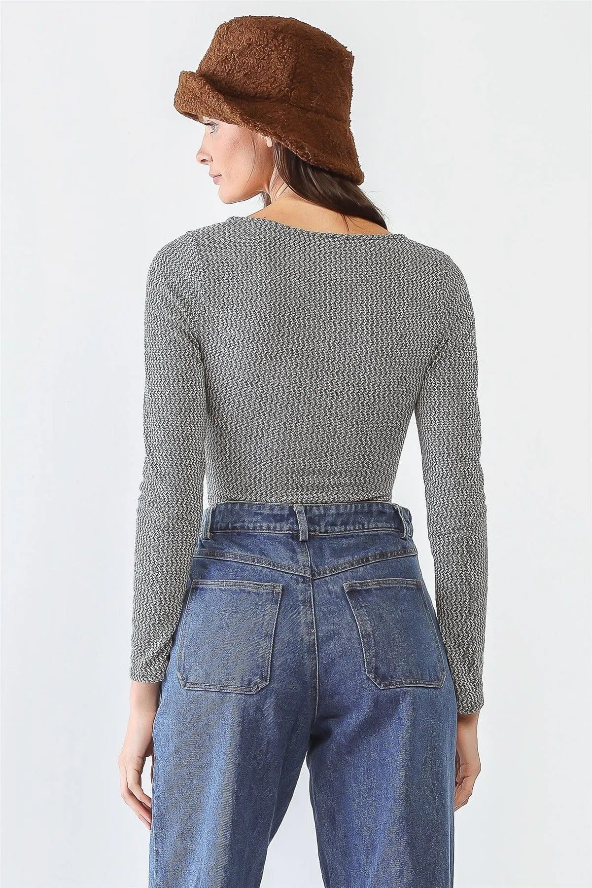 White & Heather Green Cut-Out Detail Long Sleeve Bodysuit /1-1-3-1 - Tasha Apparel Wholesale