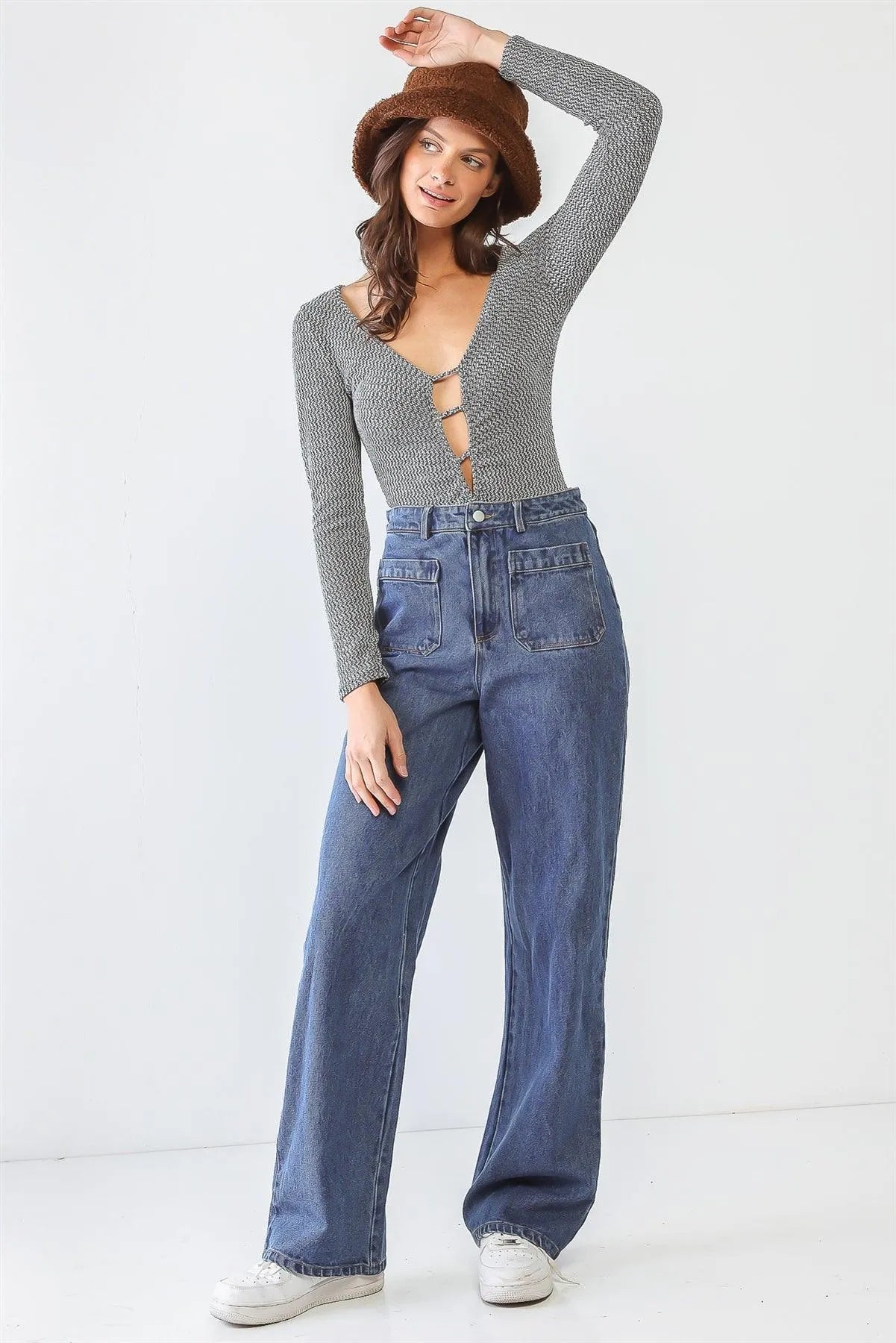 White & Heather Green Cut-Out Detail Long Sleeve Bodysuit /1-1-3-1 - Tasha Apparel Wholesale