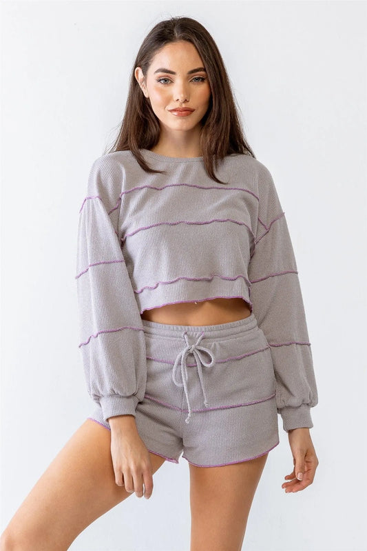 Lavender Knit Inside-Out Detail Crop Top & High Waist Shorts Set /1-2-2-1 - Tasha Apparel Wholesale
