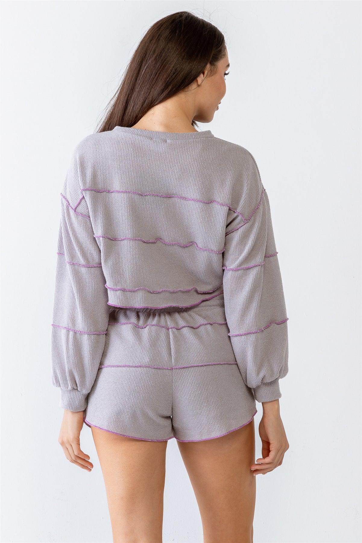 Lavender Knit Inside-Out Detail Crop Top & High Waist Shorts Set /1-2-2-1