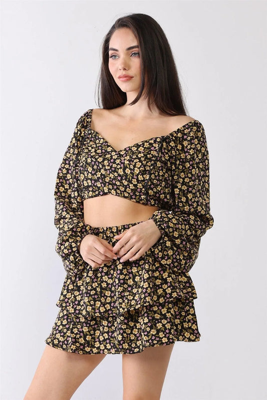 Floral Puff Balloon Sleeve & High Waist Skirt Set /1-2-2 - Tasha Apparel Wholesale