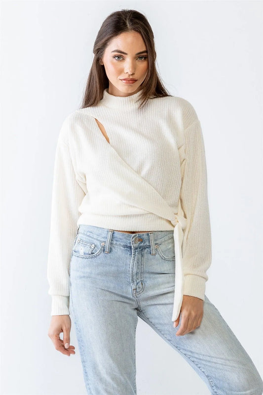 Cream Ribbed Knit Mock Neck Wrap Cut-Out Detail Self-Tie Hem Long Sleeve Top /1-2-2-1 - Tasha Apparel Wholesale
