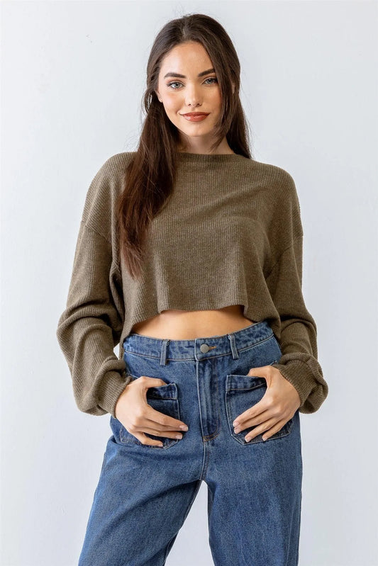 Olive Ribbed Balloon Long Sleeve Crop Sweater /1-2-2-1 - Tasha Apparel Wholesale
