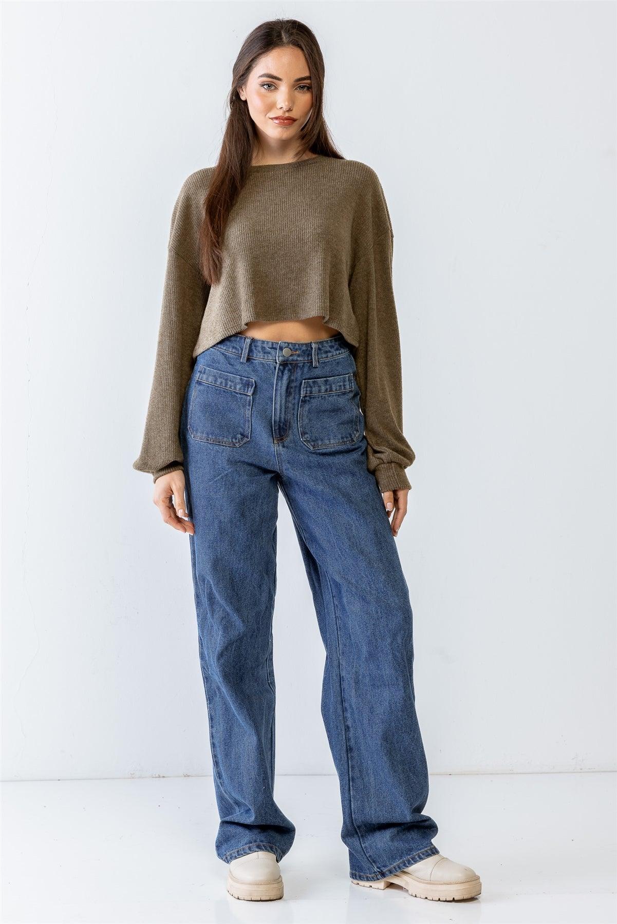 Olive Ribbed Balloon Long Sleeve Crop Sweater /1-2-2-1