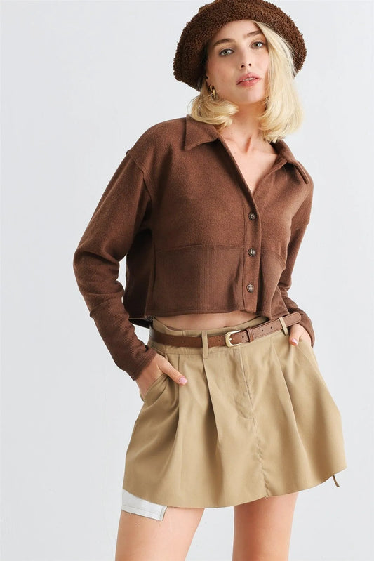 Brown Long Sleeve Button-Up Collared Neck Crop Top /2-2 - Tasha Apparel Wholesale