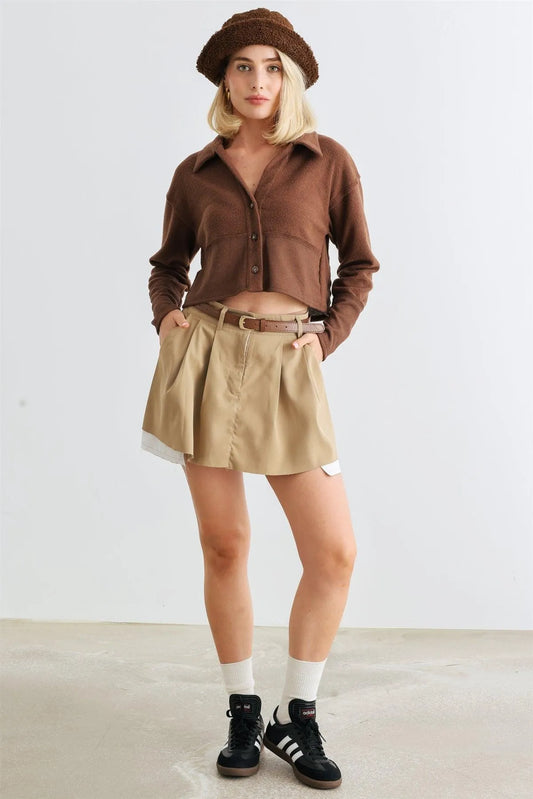 Brown Long Sleeve Button-Up Collared Neck Crop Top /1-2-2-1 - Tasha Apparel Wholesale