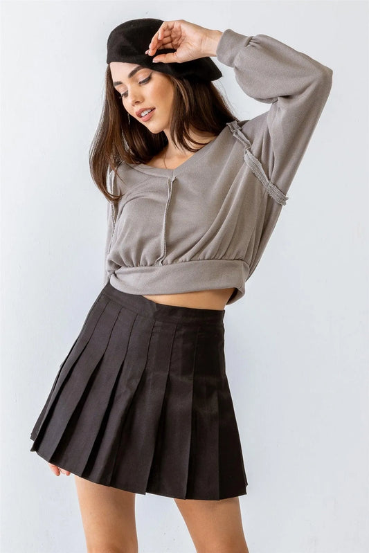 Grey Inside-Out Detail Long Sleeve Crop Top - Tasha Apparel Wholesale