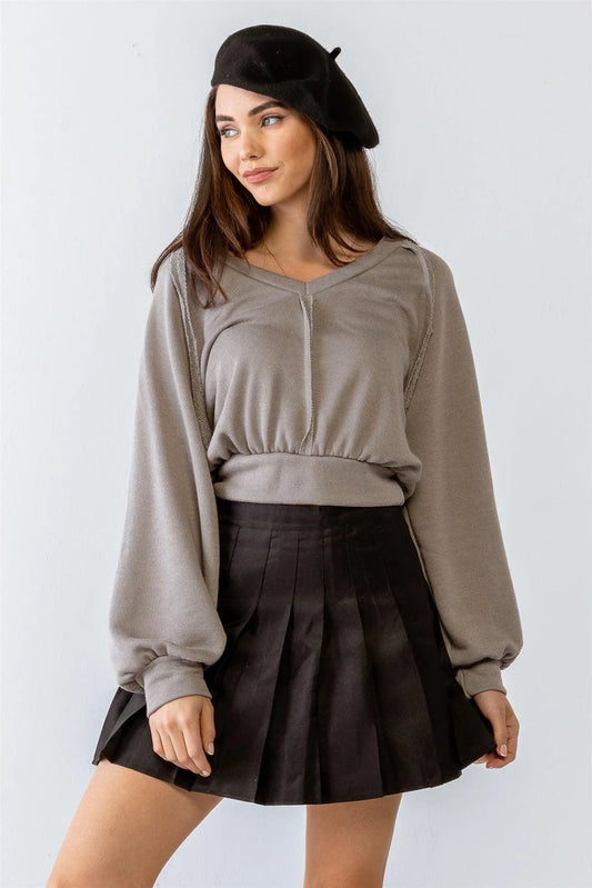 Grey Inside-Out Detail Balloon Long Sleeve Crop Top - Tasha Apparel Wholesale