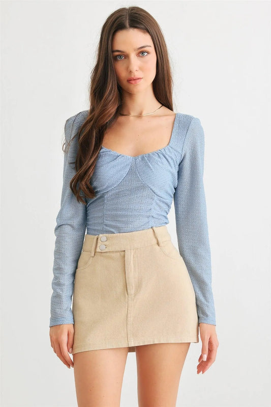 Denim Textured Ruched Sweetheart Neck Long Sleeve Bodysuit /1-2-2-1 - Tasha Apparel Wholesale