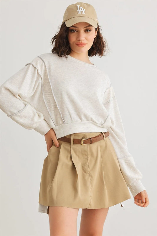 Heather Grey Inside-Out Long Sleeve Crop Pullover Top /1-2-2-1 - Tasha Apparel Wholesale