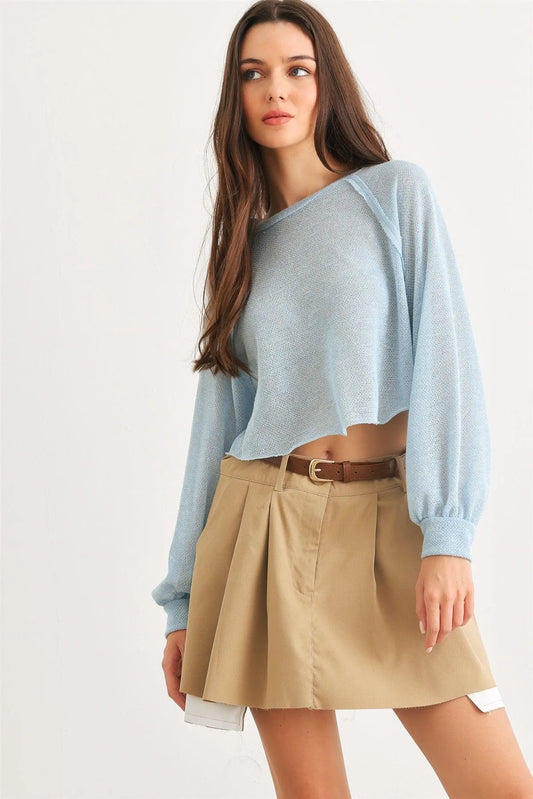Blue Knit Long Sleeve Round Neck Crop Top /1-2-2-1 - Tasha Apparel Wholesale