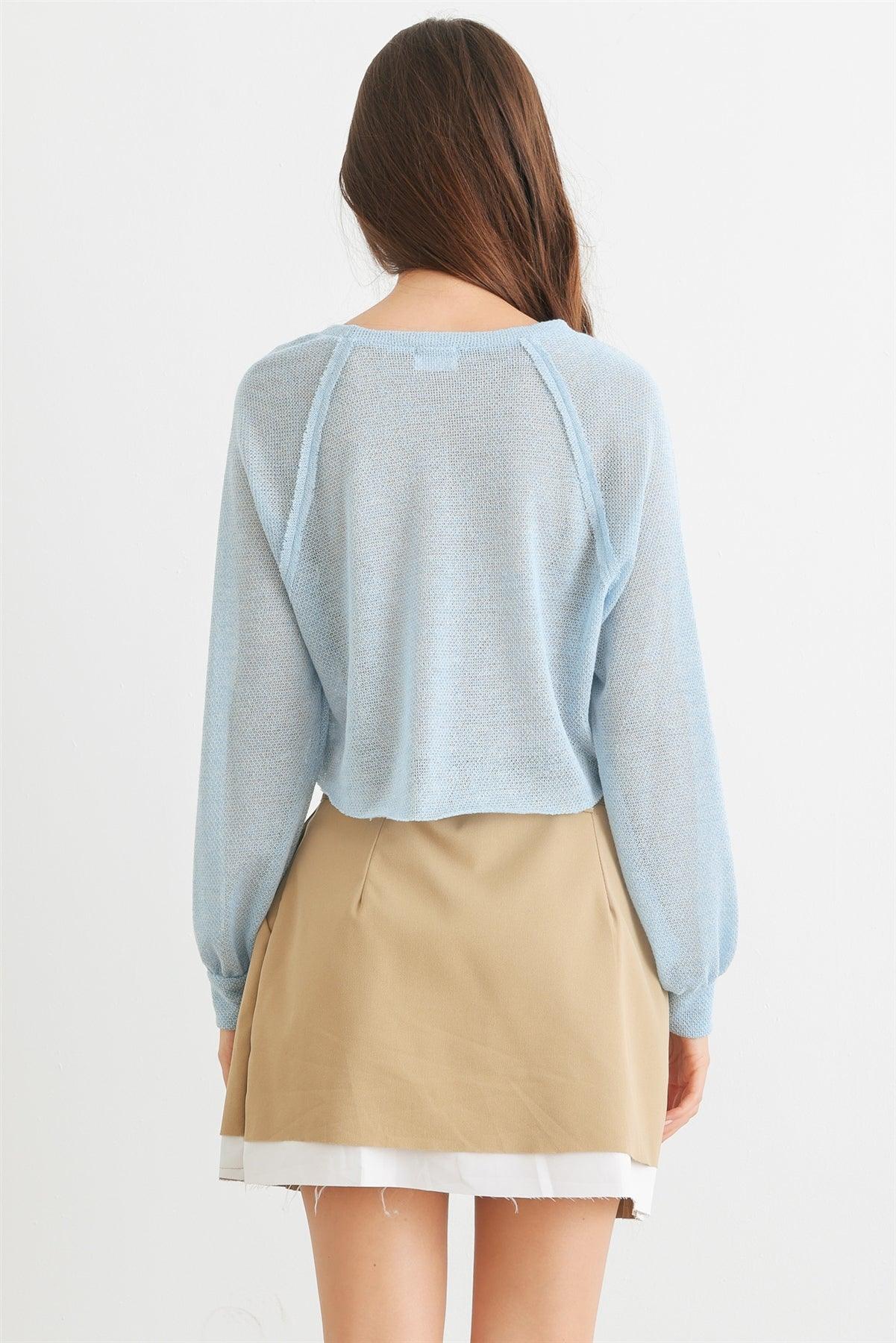 Blue Knit Long Sleeve Round Neck Crop Top /1-2-2-1