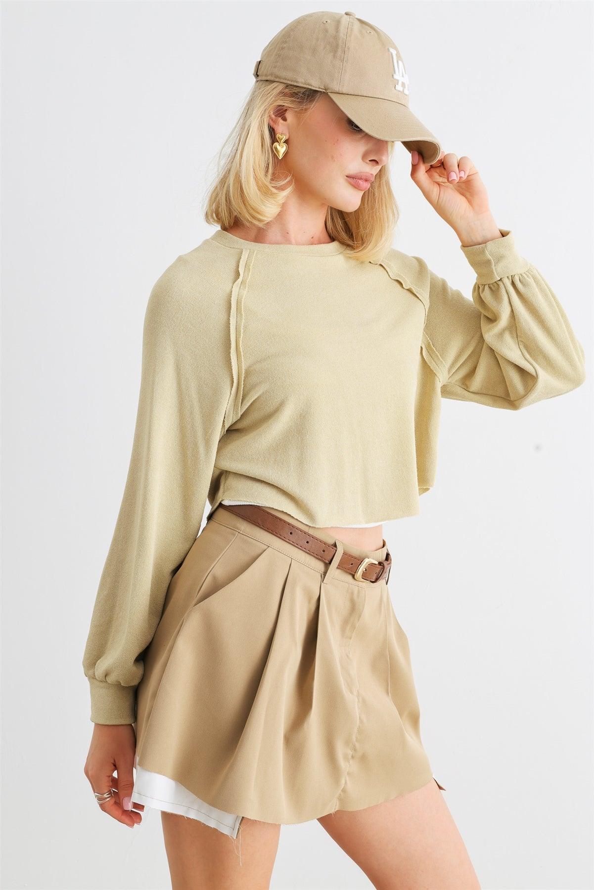Pale Yellow Long Sleeve Crew Neck Relax Crop Top /1-2-2-1