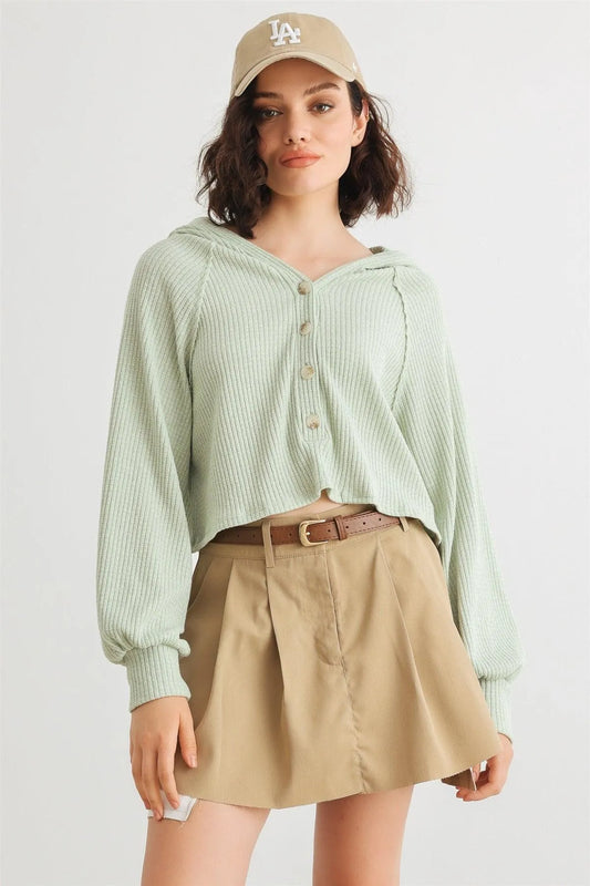 Sage Waffle Knit Button Neck Hooded Crop Top /1-2-2-1 - Tasha Apparel Wholesale