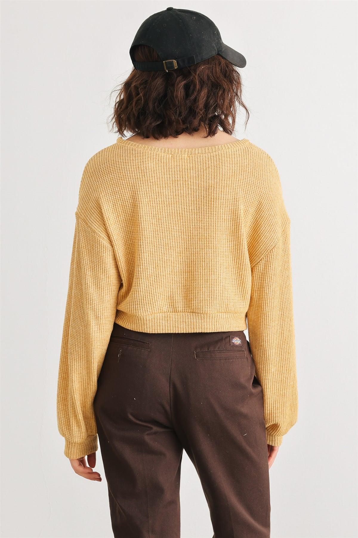 Dusty Yellow Knit Round Neck Long Sleeve One Pocket Sweater /1-2-2-1