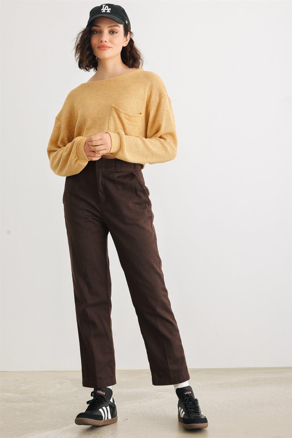 Dusty Yellow Knit Round Neck Long Sleeve One Pocket Sweater /1-2-2-1