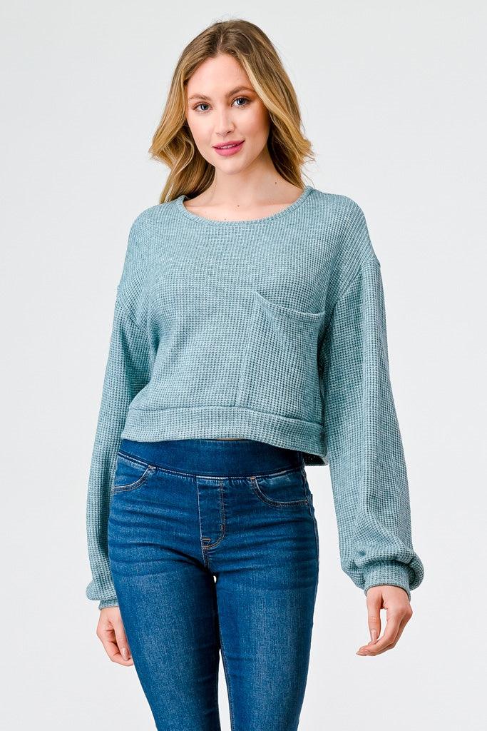Teal Knit Round Neck Long Sleeve One Pocket Sweater /1-2-2-1