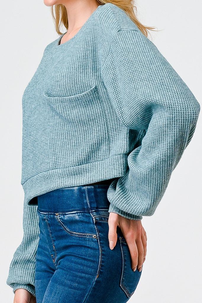 Teal Knit Round Neck Long Sleeve One Pocket Sweater /1-2-2-1