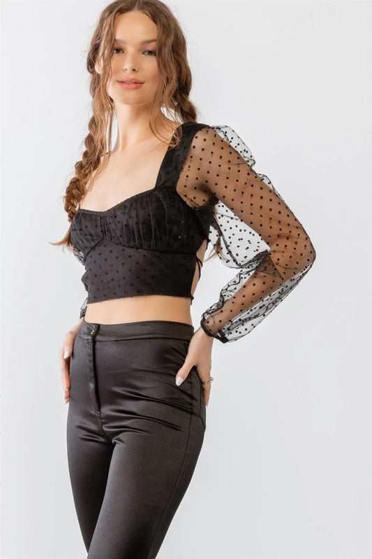 Organza Mesh Polka Dot Sweetheart Neck Puff Sheer Sleeve Crop Top - Tasha Apparel Wholesale
