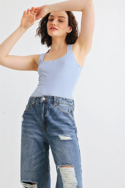 Light Blue Ribbed Sleeveless Square Neck Tank Top /1-1-2-1 - Tasha Apparel Wholesale