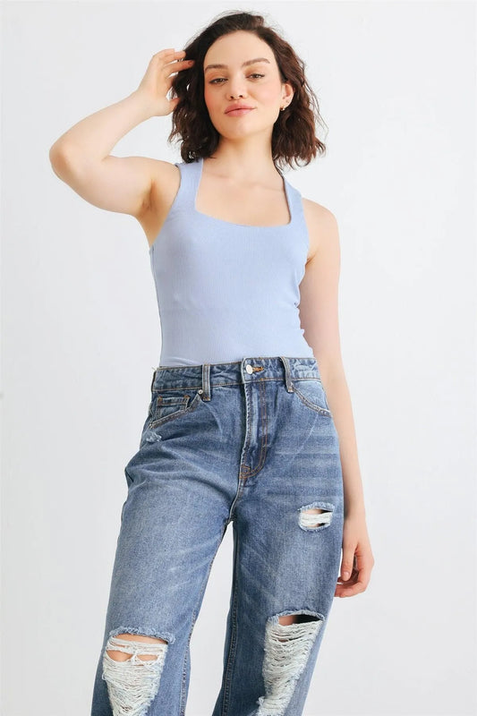 Light Blue Ribbed Sleeveless Square Neck Tank Top /1-2-2-1 - Tasha Apparel Wholesale
