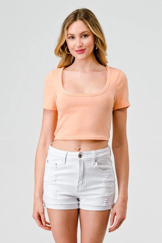 Peach Round Neck Short Sleeve Crop Top /1-2-2-1 - Tasha Apparel Wholesale