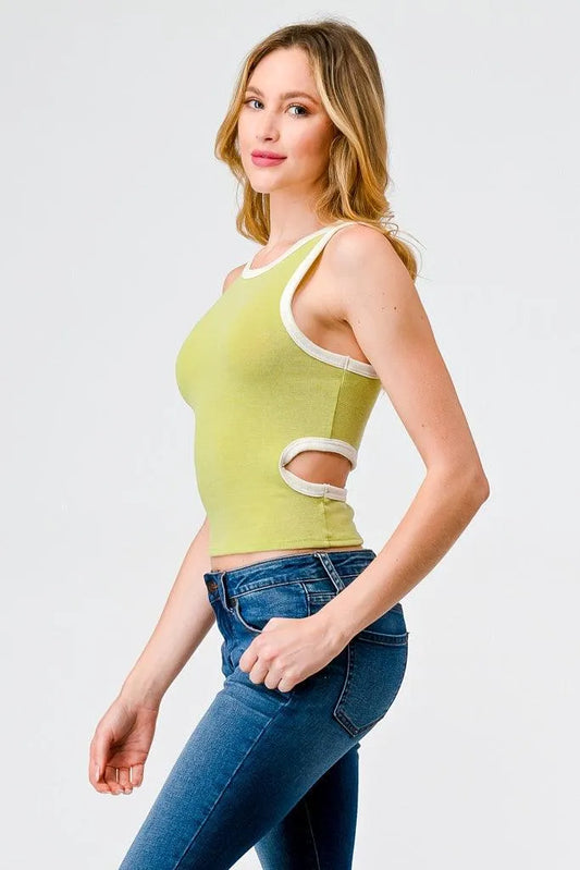 Lime & Ivory Sleeveless Cut-Out Back Tank Top - Tasha Apparel Wholesale