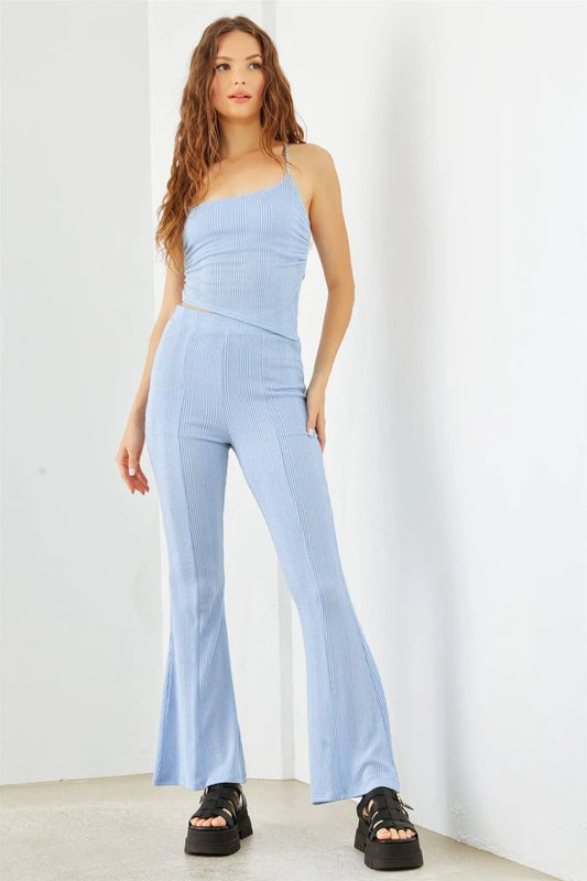 Light Blue Ribbed Back Lace-Up Crop Top & High Waist Pants Set /1-2-2-1 - Tasha Apparel Wholesale
